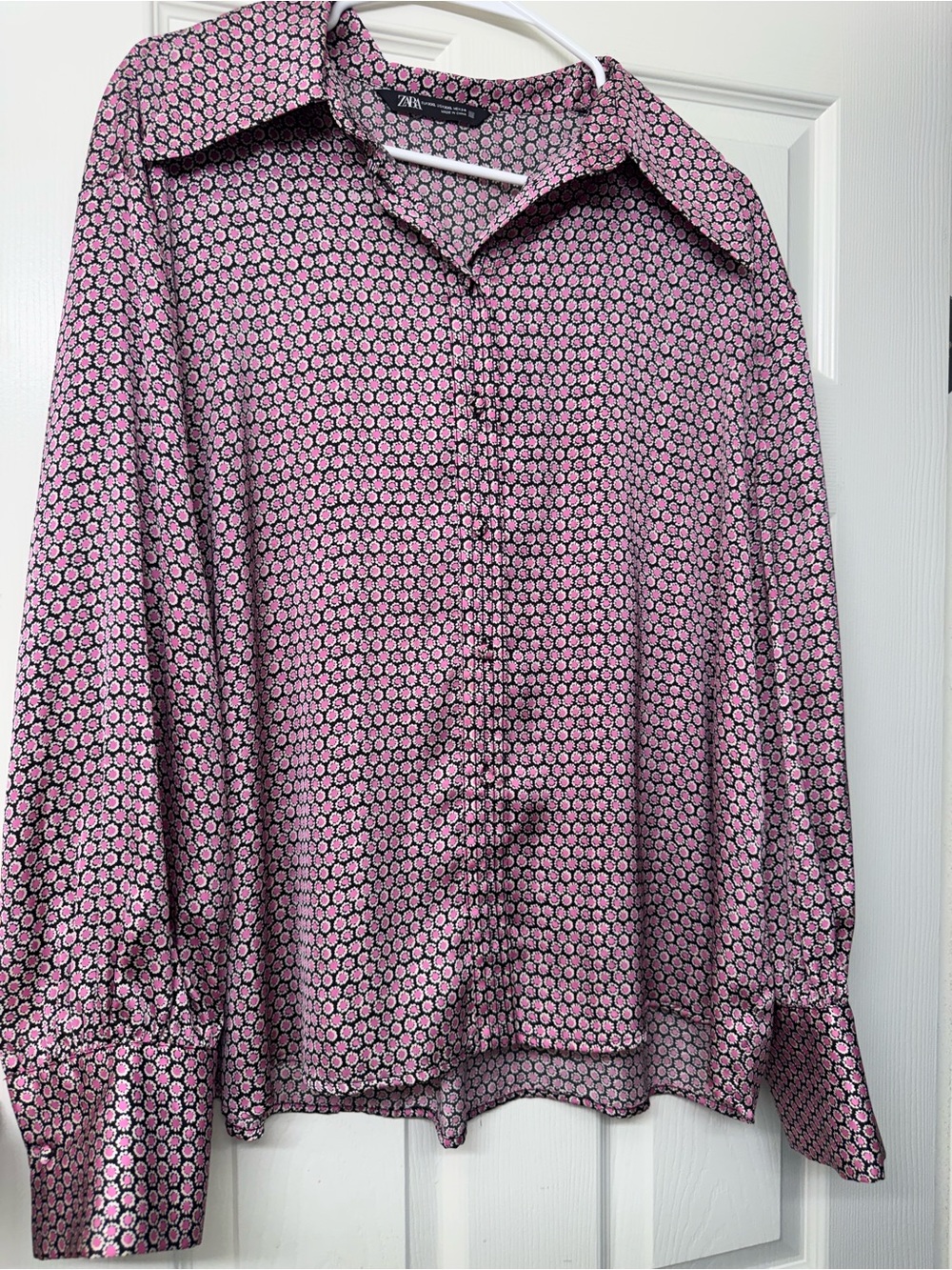 Zara Pink Geometric Print Button-Front Blouse